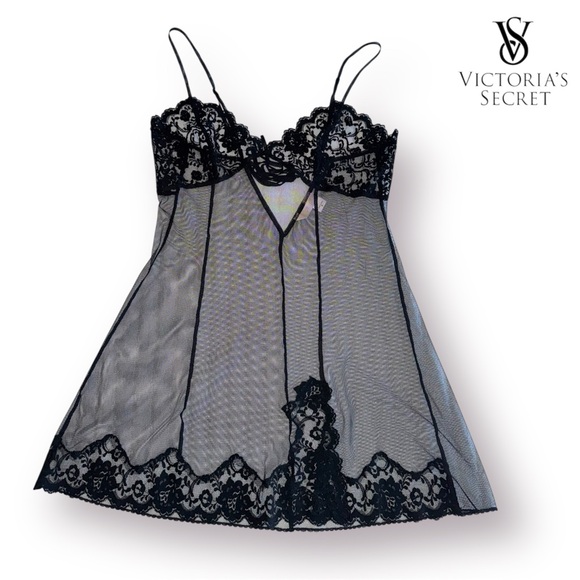 Victoria's Secret Other - Victoria's Secret Y2K Black Sheer Lace Baby Doll Chemise
